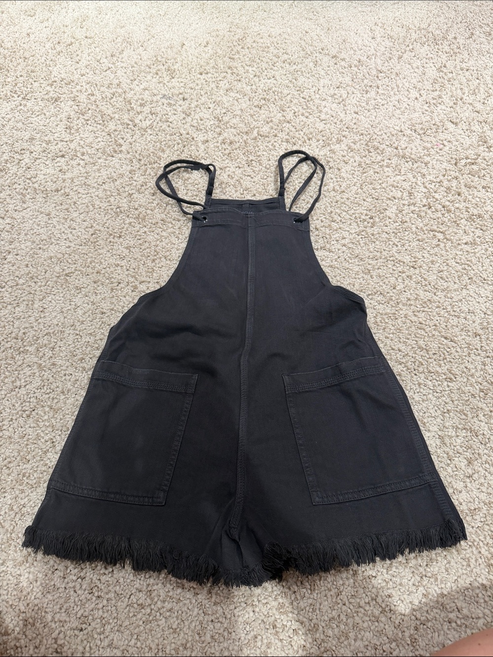 aerie Black Short Denim Overalls with Frayed Hem